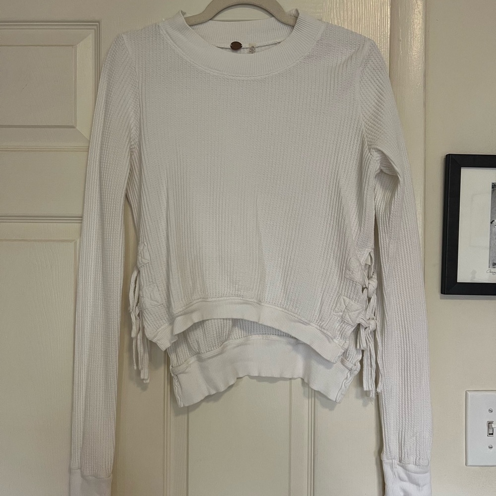 Free People White Thermal Long Sleeve with tie detail. Size Small